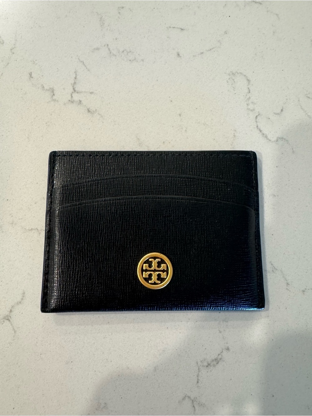 Tory Burch Black Leather Card Holder with Gold Medallion